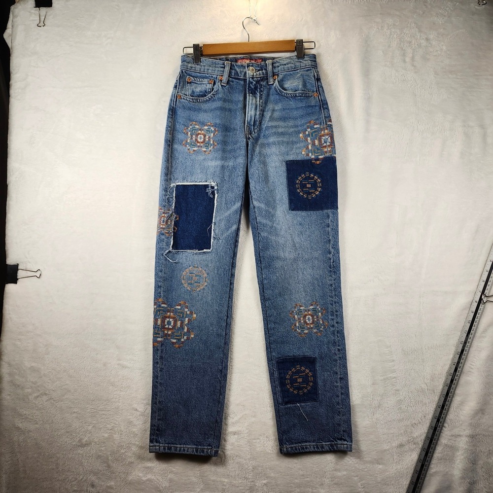 Lucky Brand Lucky Legend‎ Embroidered Patchwork Straight Leg Jeans Blue 00/24R